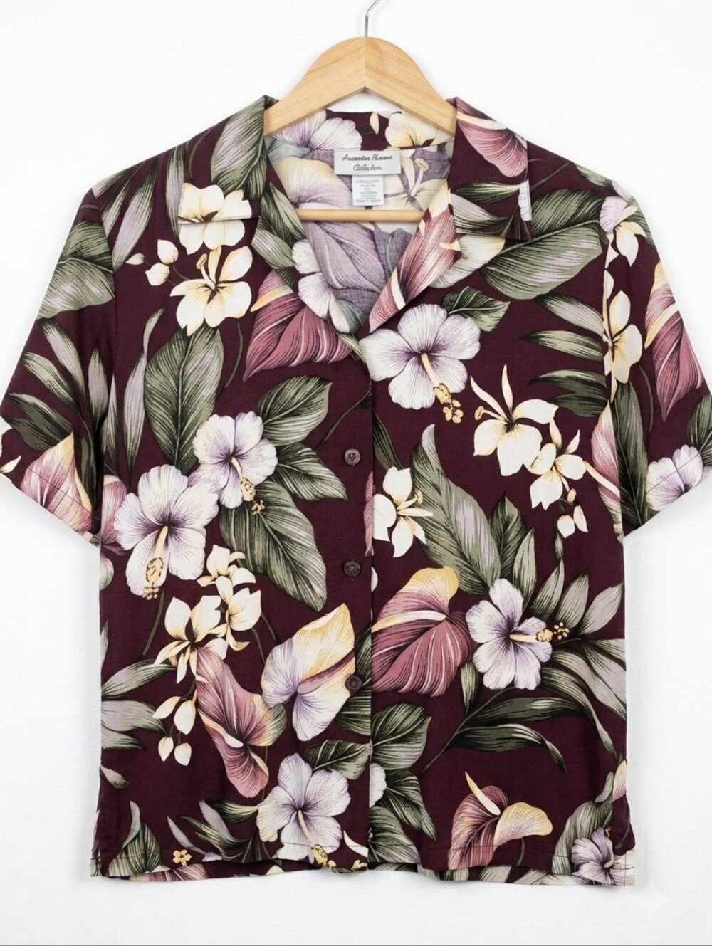 Hawaiian Reserve Collection Womens Shirt Medium Maroon Rayon Tropical Floral